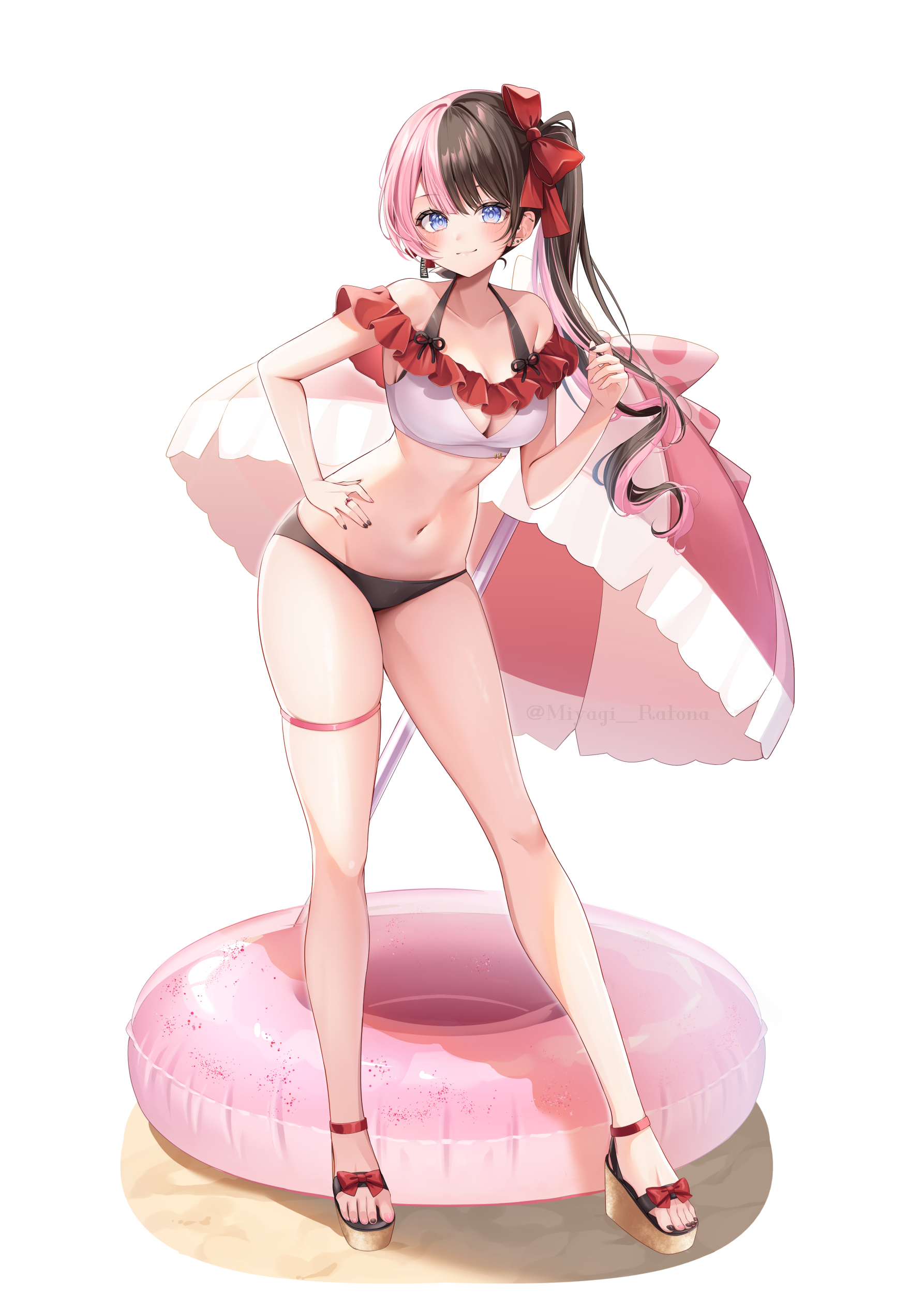 miyagi ratona, tachibana hinano, vspo!, absurdres, commentary request, highres, 1girl, beach umbrella, bikini, black bikini, black hair, blue eyes, bow, breasts, cleavage, closed mouth, contrapposto, frilled bikini, frills, full body, hair bow, halterneck, hand on own hip, hand up, innertube, large breasts, long hair, looking at viewer, mismatched bikini, multicolored hair, navel, pink hair, platform sandals, sandals, side ponytail, skindentation, smile, solo, split-color hair, standing, stomach, swim ring, swimsuit, thigh strap, thighs, twirling hair, two-tone hair, umbrella, virtual youtuber, white bikini