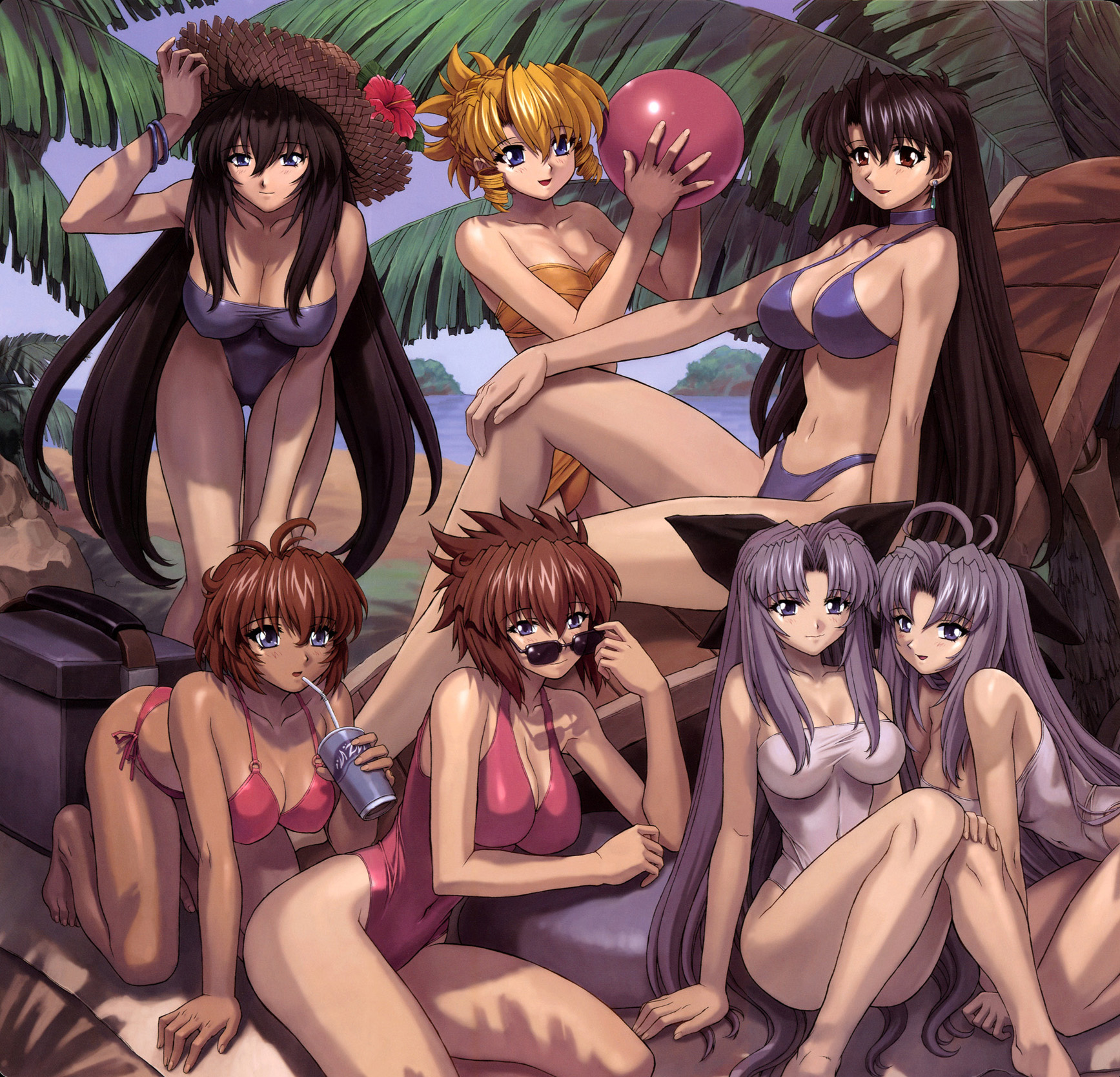 mogudan, cz (scrapped princess), natalie (scrapped princess), pacifica casull, raquel casull, senes giat, winia chester, zefiris, scrapped princess, highres, huge filesize, 00s, 6+girls, all fours, bikini, blonde hair, blue eyes, breasts, brown eyes, brown hair, choker, cleavage, drill hair, earrings, everyone, glasses, hat, huge breasts, jewelry, large breasts, leaning forward, long hair, multiple girls, purple eyes, purple hair, short hair, sitting, straw hat, swimsuit