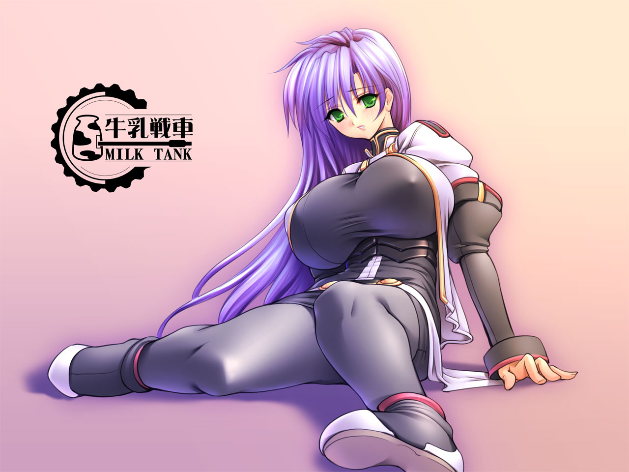 gunner-l, maria traydor, star ocean, 1girl, breasts, covered erect nipples, female focus, gradient background, green eyes, huge breasts, long hair, pantyhose, purple hair, sitting, solo, turtleneck, very long hair