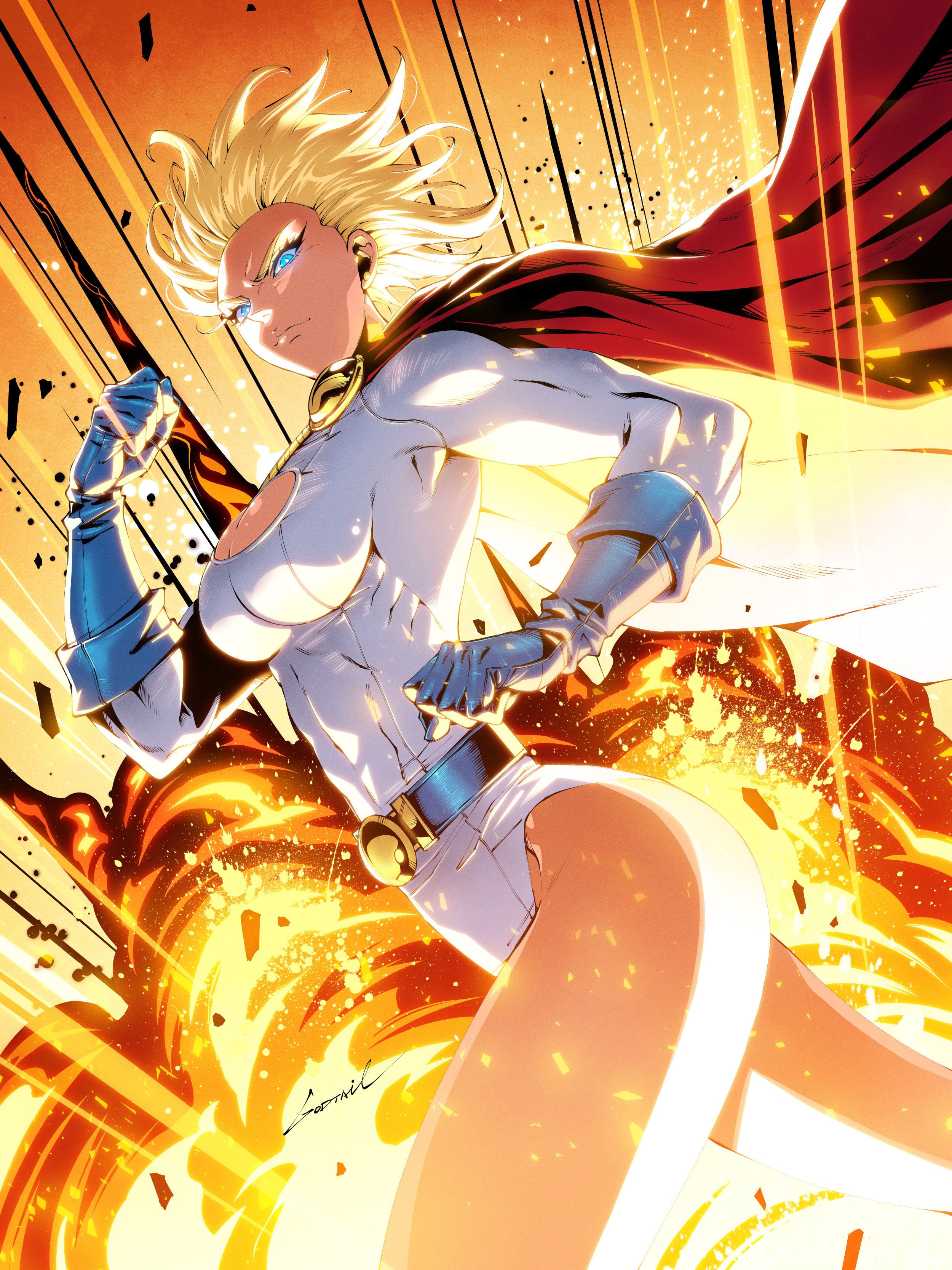 godtail, power girl, dc comics, absurdres, highres, 1girl, artist name, belt, blonde hair, blue belt, blue eyes, blue gloves, breasts, bright pupils, cape, cleavage cutout, clenched hand, clothing cutout, explosion, gloves, large breasts, leotard, medium hair, overexposure, red cape, sleeved leotard, solo, superhero costume, white leotard, white pupils