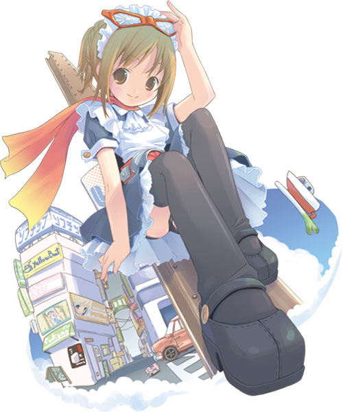 pop, 1girl, black shoes, black thighhighs, brown eyes, brown hair, car, female focus, looking at viewer, maid, maid headdress, motor vehicle, puffy short sleeves, puffy sleeves, road, scarf, shoes, short sleeves, smile, solo, spring onion, street, thighhighs