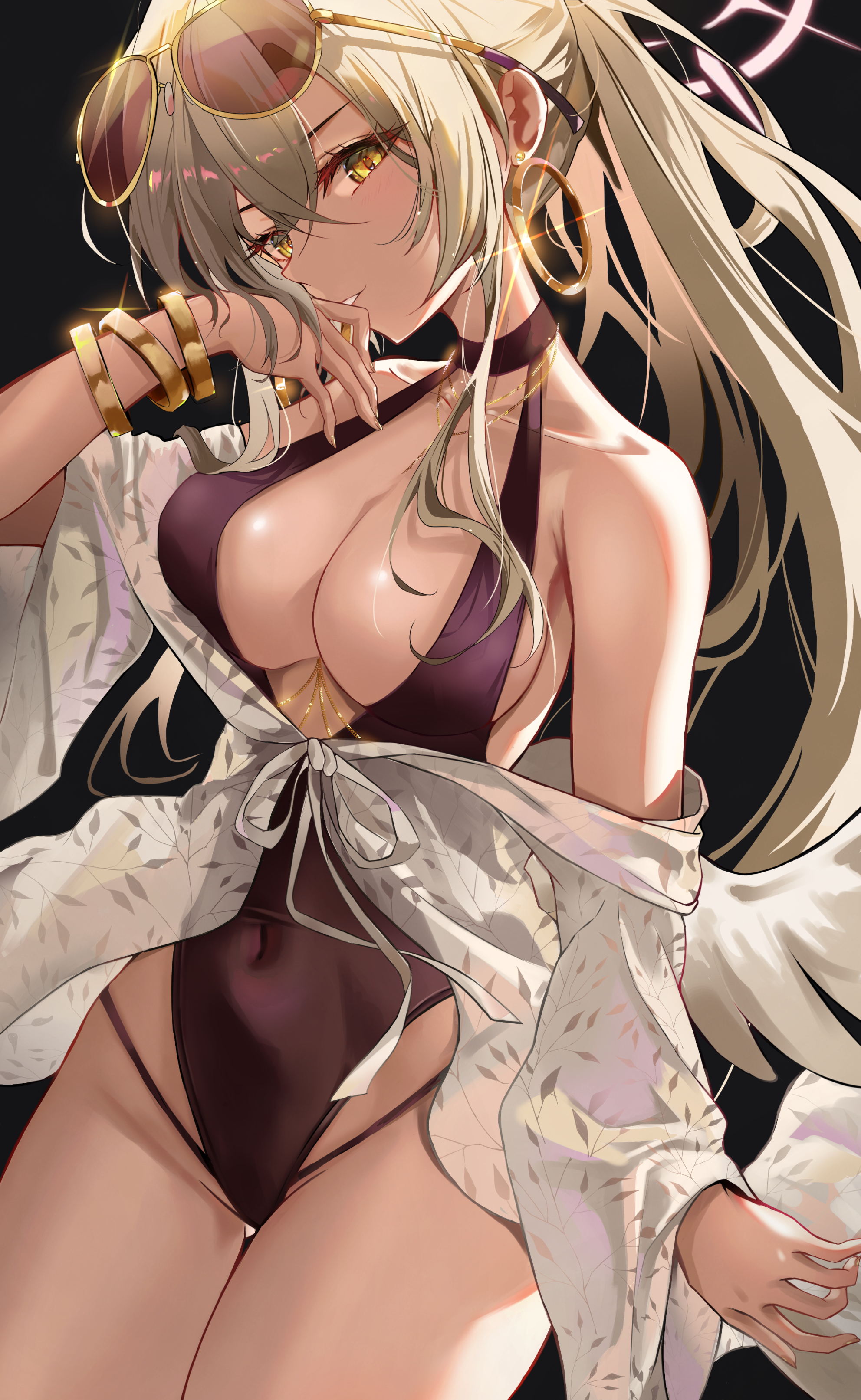 goboogie, nagisa (blue archive), nagisa (swimsuit) (blue archive), blue archive, absurdres, commentary request, highres, 1girl, black one-piece swimsuit, bracelet, breasts, brown-tinted eyewear, brown hair, cleavage, covered navel, cowboy shot, earrings, eyewear on head, hair between eyes, halo, halterneck, hand to own mouth, hand up, highleg, highleg one-piece swimsuit, hoop earrings, jewelry, large breasts, light blush, long hair, looking at viewer, low wings, official alternate costume, one-piece swimsuit, parted lips, ponytail, solo, standing, swimsuit, teeth, tinted eyewear, white wings, wings, yellow eyes