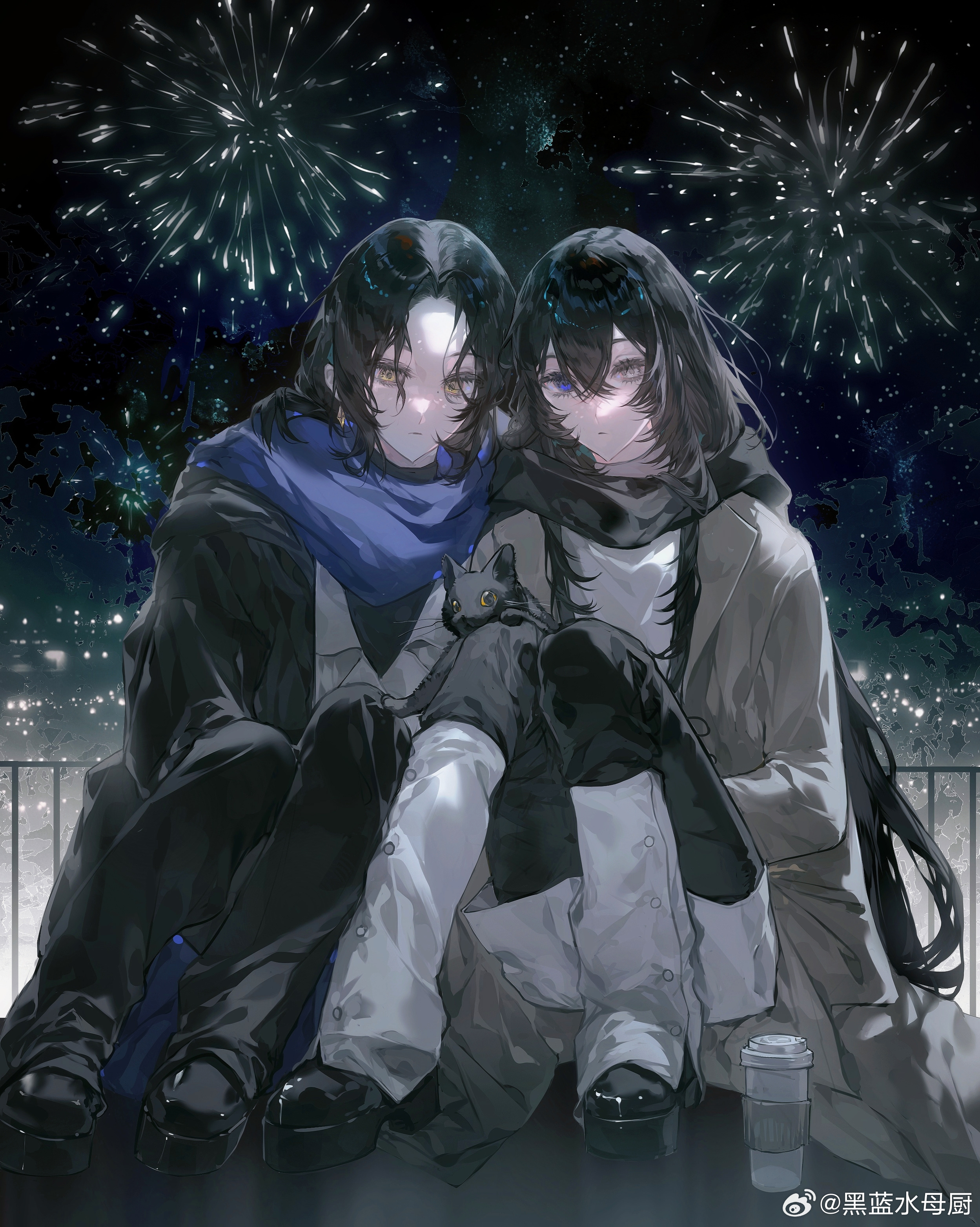 original, absurdres, highres, 1boy, 1girl, black cat, black coat, black hair, black pants, black scarf, blue scarf, brown coat, cat, coat, cuddling, cup, fireworks, full body, hair between eyes, heilanshuimuchu, heterochromia, knees up, long hair, long sleeves, looking at viewer, night, night sky, on floor, open clothes, open coat, outdoors, pants, parted bangs, purple eyes, railing, scarf, shoes, sitting, skirt, sky, yellow eyes