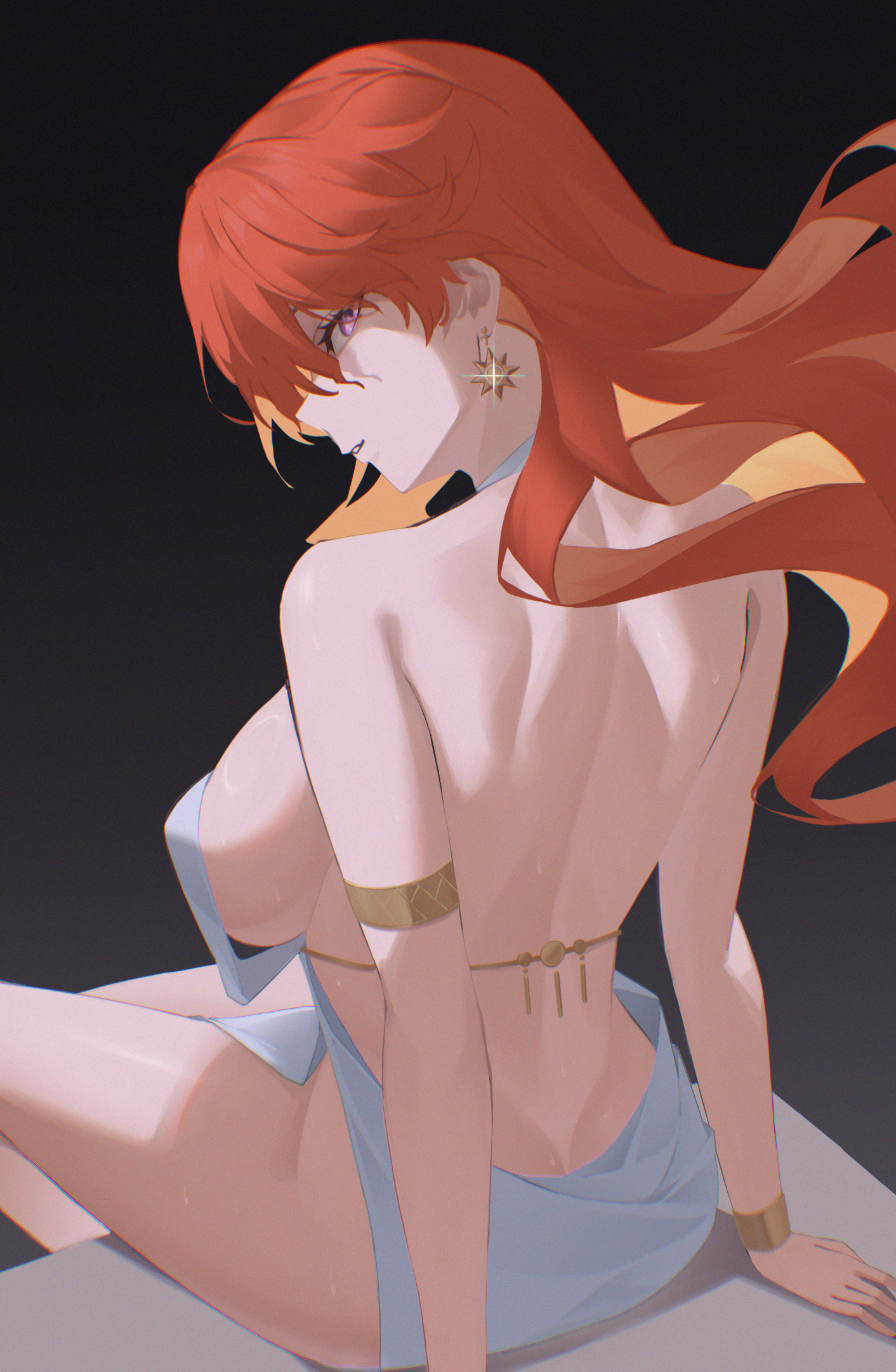 ang lazypaint, augusta (wuthering waves), wuthering waves, commentary, highres, 1girl, back, backless dress, backless outfit, bare back, bracelet, breasts, colored inner hair, dress, earrings, from behind, glint, grey background, jewelry, large breasts, long hair, looking at viewer, median furrow, multicolored hair, no panties, orange hair, parted lips, pink eyes, shoulder blades, sideways glance, sitting, solo, sun earrings, thighs, white dress