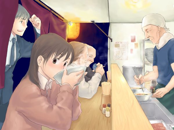 mokyu tasuku, mokyusuke, original, 1girl, 4boys, eating, food, multiple boys, noodles, ramen