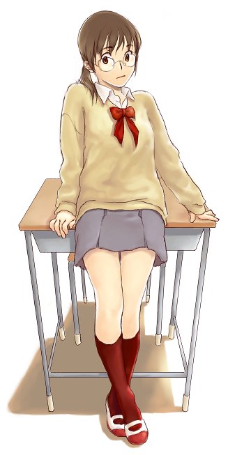 mokyu tasuku, mokyusuke, original, 1girl, desk, female focus, glasses, kneehighs, ponytail, red socks, round eyewear, school uniform, serafuku, socks, solo, sweater, white background
