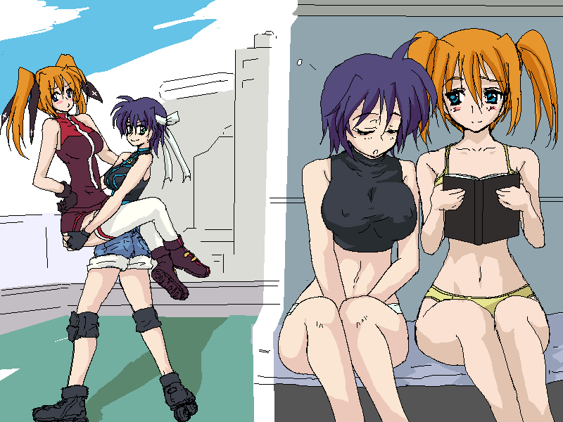 subaru nakajima, teana lanster, lyrical nanoha, mahou shoujo lyrical nanoha, mahou shoujo lyrical nanoha strikers, 00s, bare shoulders, sleeveless, sleeveless turtleneck, thighhighs, turtleneck