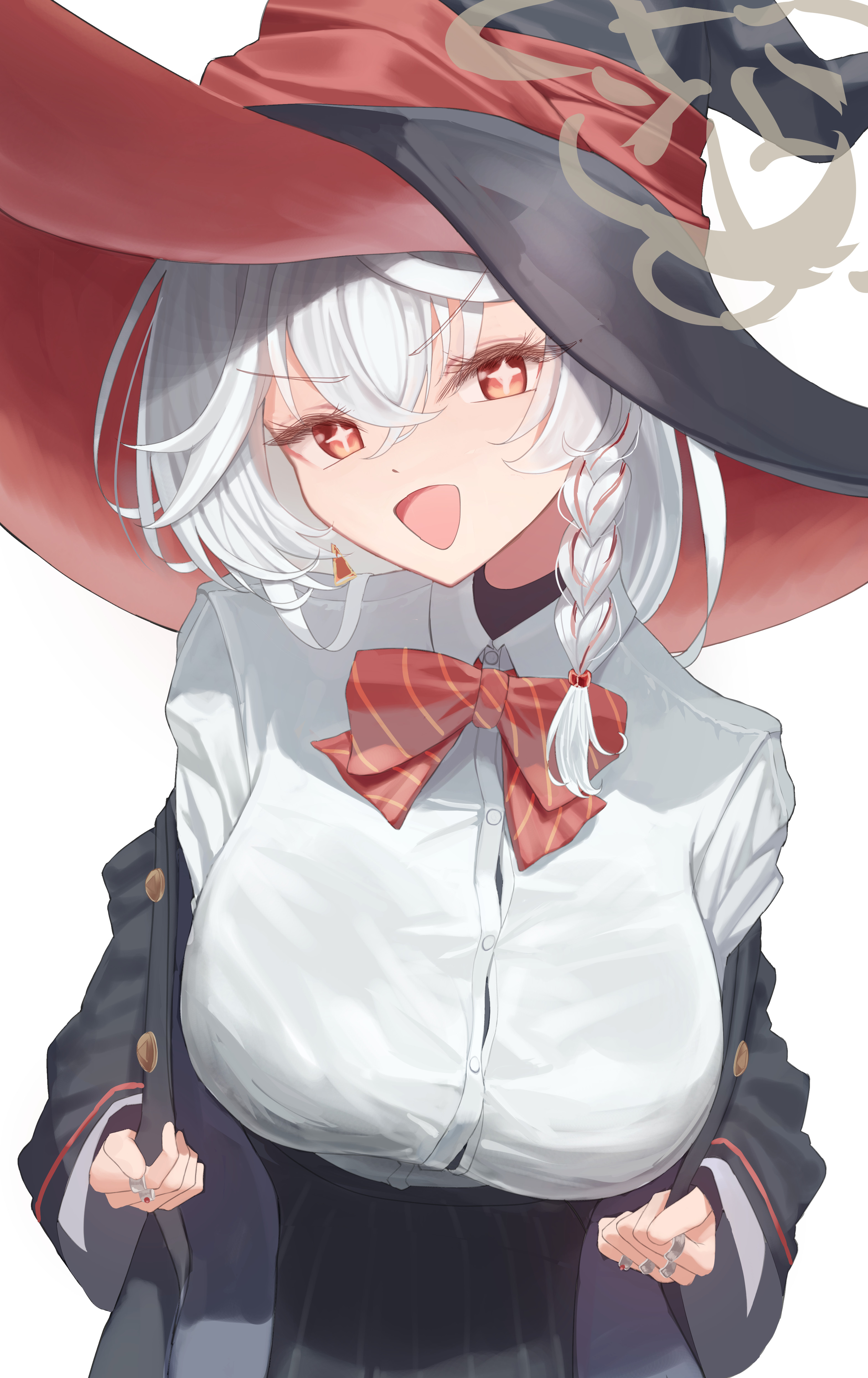 azuma (sospower73), eri (blue archive), blue archive, absurdres, highres, 1girl, black coat, black shirt, black skirt, blush, bow, bowtie, breasts, brown eyes, brown halo, coat, diagonal-striped bow, diagonal-striped clothes, halo, hat, large breasts, leaning forward, long hair, looking at viewer, open clothes, open coat, open mouth, red bow, red bowtie, shirt, side halo, simple background, skirt, smile, solo, striped bow, striped bowtie, striped clothes, tilted halo, turtleneck, turtleneck shirt, white background, white shirt, witch hat
