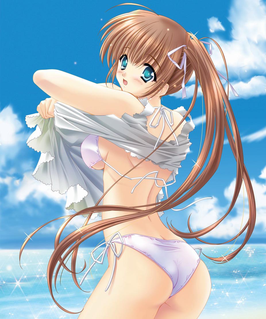 carnelian, 1girl, back, bikini, brown hair, day, female focus, long hair, looking back, ocean, side-tie bikini bottom, solo, sparkle, swimsuit, undressing, white bikini