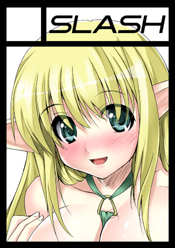 noto kurumi, tiffania westwood, zero no tsukaima, lowres, 00s, 1girl, black border, blonde hair, blue eyes, blush, border, circle cut, elf, female focus, long hair, pointy ears, smile, solo
