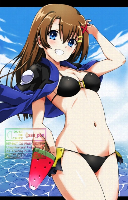san-pon, yagami hayate, lyrical nanoha, mahou senki lyrical nanoha force, commentary request, 1girl, :d, bikini, black bikini, blue eyes, blue jacket, breasts, brown hair, day, food, grin, hair ornament, hairclip, holding, holding food, holding popsicle, jacket, jacket on shoulders, long hair, looking at viewer, medium breasts, navel, ocean, open mouth, popsicle, smile, solo, swimsuit, teeth, water, x hair ornament