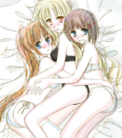 hachikei, fate testarossa, takamachi nanoha, yagami hayate, lyrical nanoha, mahou shoujo lyrical nanoha, mahou shoujo lyrical nanoha strikers, lowres, 00s, 3girls, bed, bed sheet, blonde hair, bra, female focus, lingerie, long hair, looking at viewer, multiple girls, panties, underwear, underwear only, very long hair, yuri