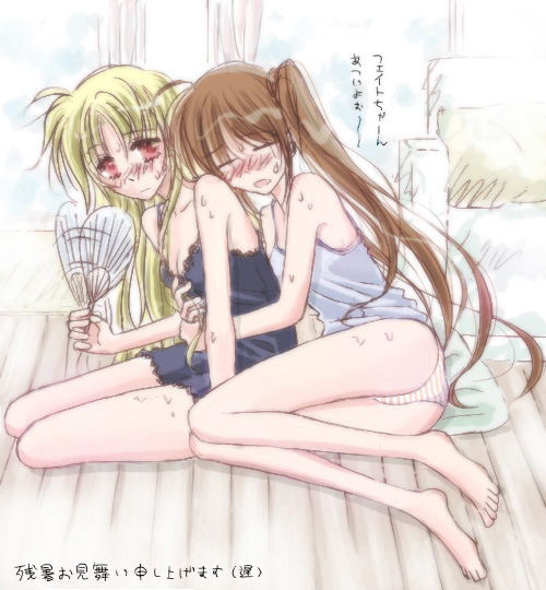 hachikei, fate testarossa, takamachi nanoha, lyrical nanoha, mahou shoujo lyrical nanoha, mahou shoujo lyrical nanoha strikers, partially translated, translation request, 00s, 2girls, barefoot, blonde hair, blush, breasts, cleavage, english text, feet, hand fan, hug, hug from behind, lingerie, long hair, looking at viewer, lying, motion lines, multiple girls, nightgown, on side, panties, paper fan, side ponytail, sitting, small breasts, striped clothes, striped panties, sweat, uchiwa, underwear, very long hair, yokozuwari, yuri
