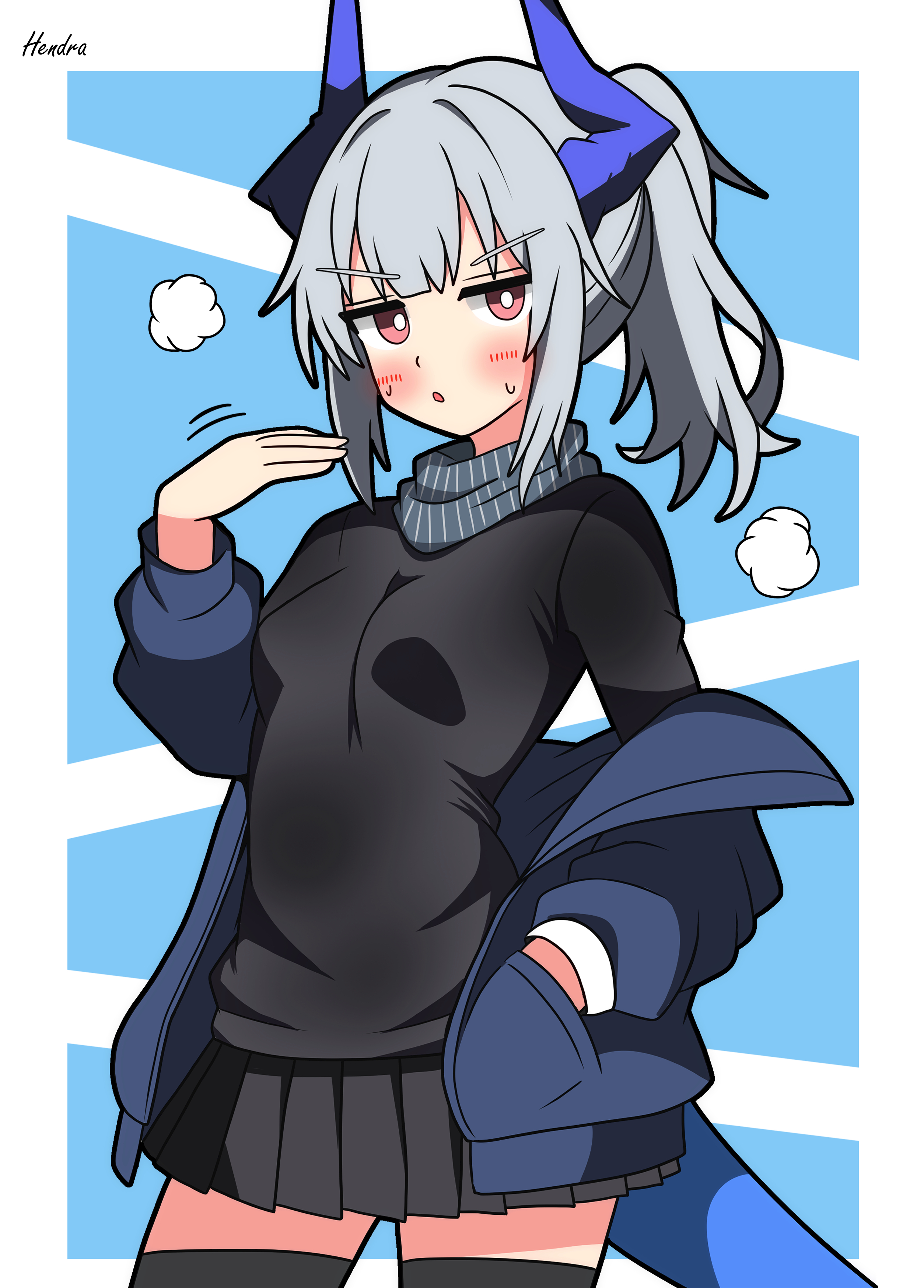 hendra, liskarm (arknights), arknights, absurdres, commentary request, highres, partial commentary, 1girl, black skirt, blue jacket, breasts, dragon horns, dragon tail, grey hair, horns, jacket, medium breasts, pleated skirt, ponytail, skirt, solo, tail, thighhighs