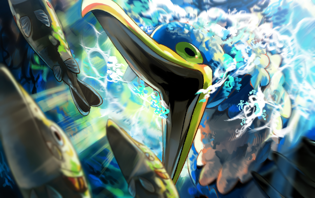 komori (25nda01mo), arrokuda, cramorant, nintendo, pokemon, commentary request, air bubble, blurry, blurry foreground, bubble, fish, from below, gen 8 pokemon, green eyes, light rays, no humans, open mouth, pokemon (creature), pokemon focus, underwater