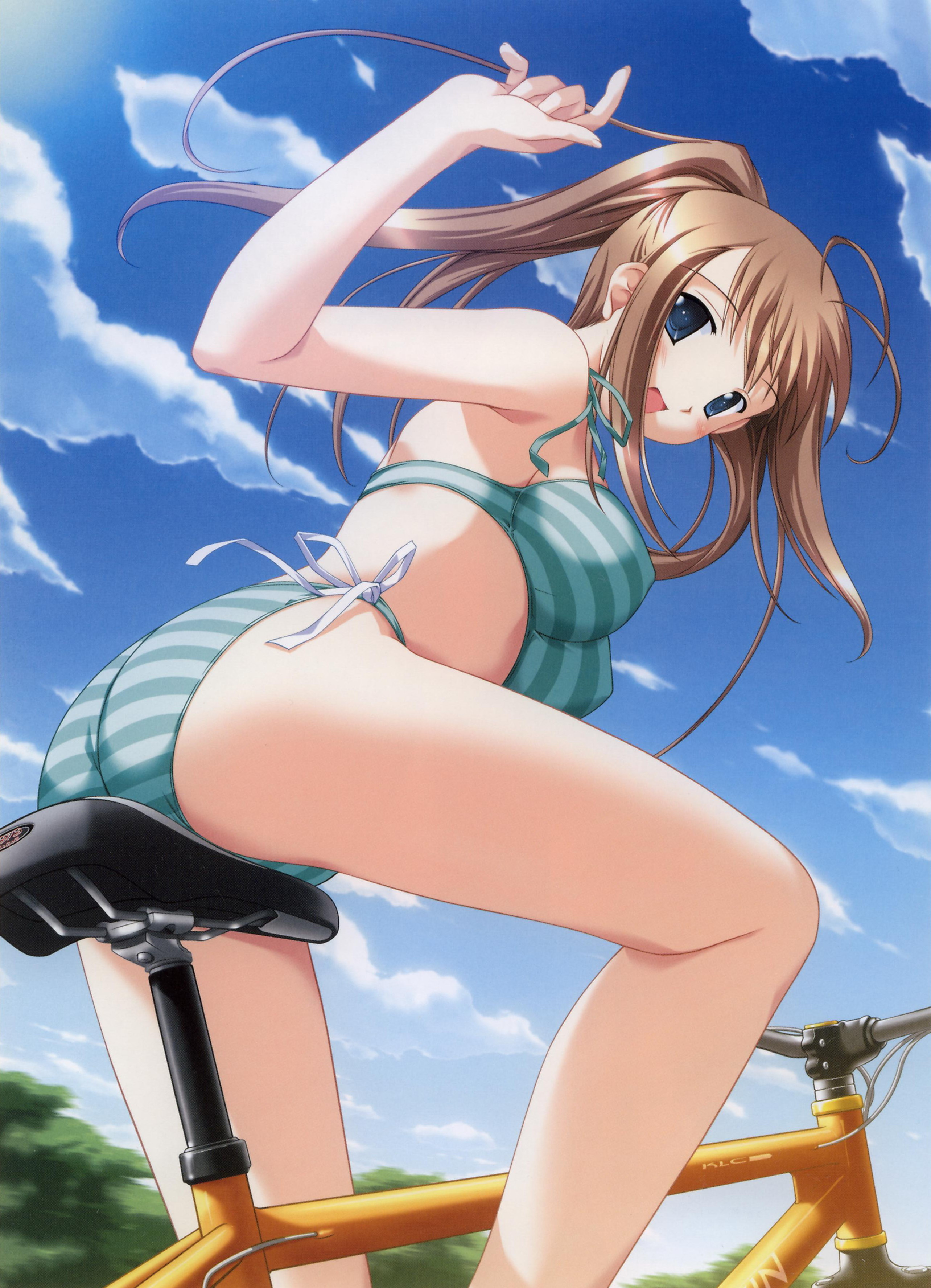 iwasaki kouji, tachibana megumi, alto, alto (game), jast, absurdres, highres, non-web source, 1girl, antenna hair, ass, bicycle, bikini, blue eyes, blush, breasts, brown hair, cloud, covered erect nipples, day, female focus, from below, legs, long hair, looking down, medium breasts, outdoors, panties, ponytail, side-tie bikini bottom, side-tie panties, sky, solo, striped bikini, striped clothes, swimsuit, twintails, underwear