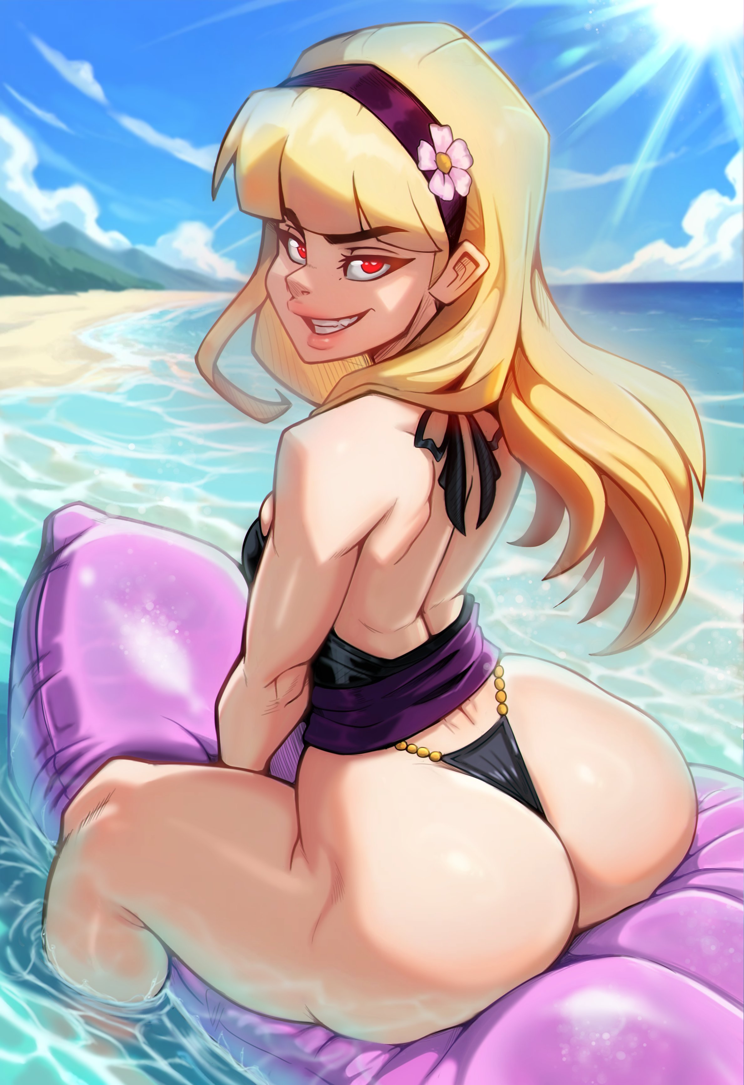 relius (reliusmax), dc comics, young justice, absurdres, highres, 1girl, ass, beach, black hairband, blonde hair, blue sky, child (dc), day, grin, hairband, long hair, looking back, outdoors, red eyes, sitting, sky, smile, solo, water, young justice: phantoms