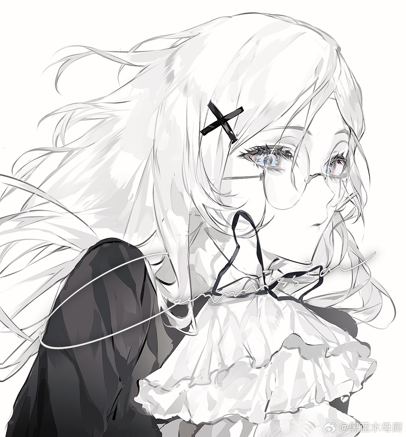 original, highres, 1girl, ascot, blue eyes, eyelashes, greyscale, hair ornament, hairclip, heilanshuimuchu, long hair, looking at viewer, monochrome, parted bangs, round eyewear, simple background, spot color, upper body, white ascot, white background, white hair, x hair ornament