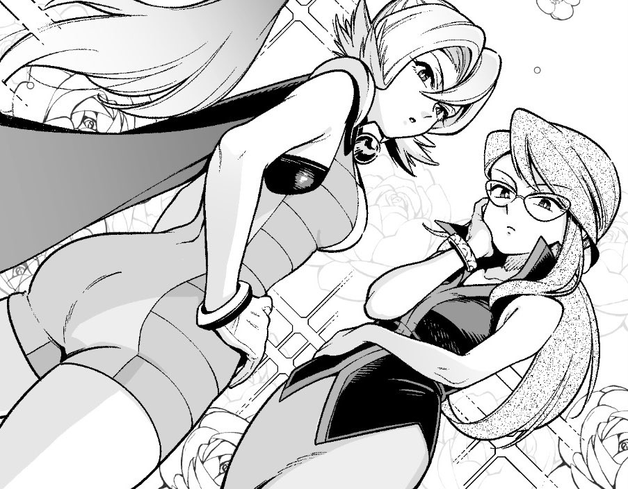 pon (soy yassa p), clair (pokemon), lorelei (pokemon), nintendo, pokemon, pokemon frlg, pokemon hgss, 2girls, ass, bodysuit, breasts, glasses, greyscale, looking at viewer, monochrome, multiple girls, shirt, skirt, sleeveless, sleeveless shirt