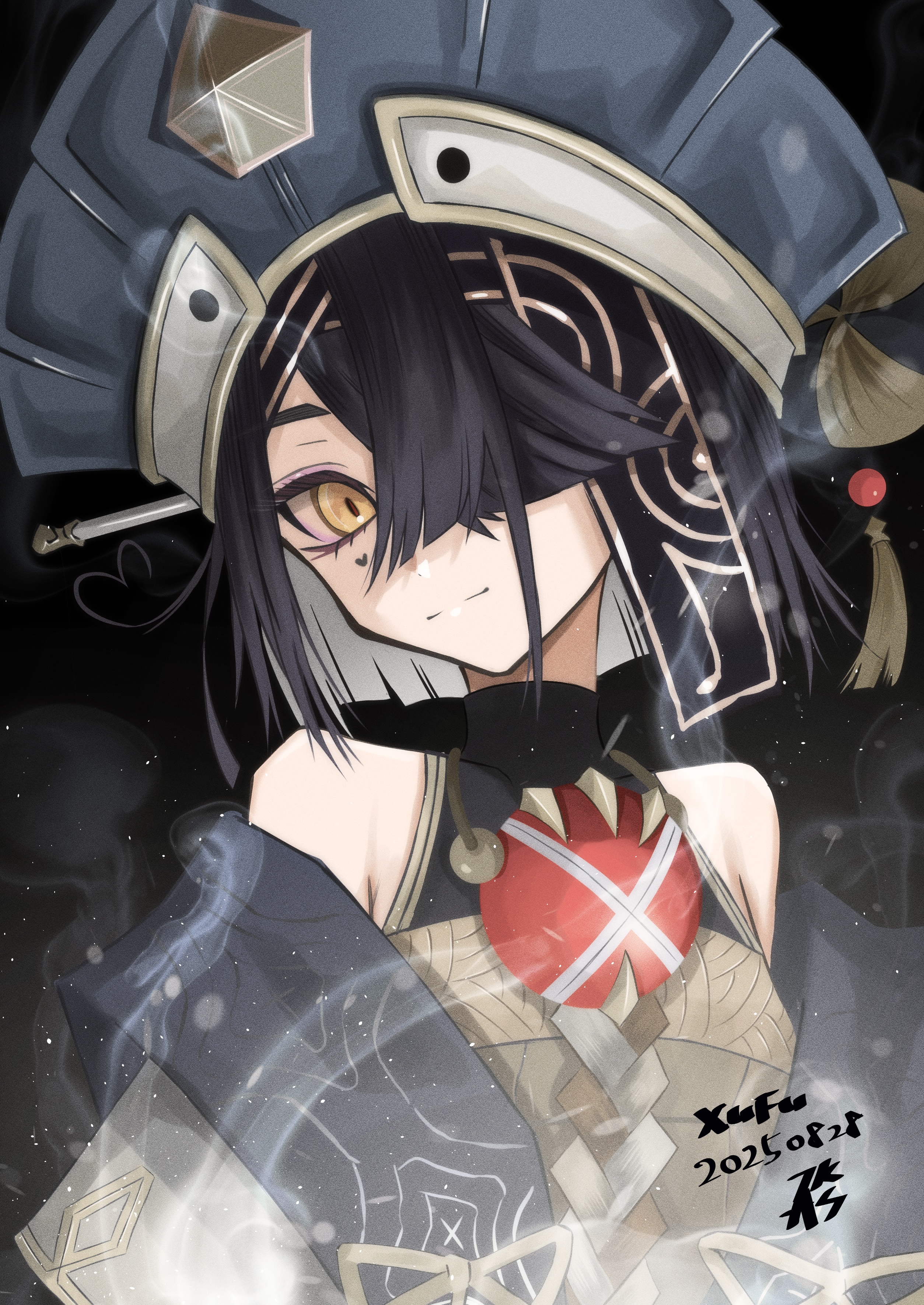 tsukaasa, xu fu (fate), xu fu (first ascension) (fate), fate/grand order, fate (series), absurdres, highres, 1girl, ahoge, bare shoulders, black background, black hair, black headband, blue hanfu, blue hat, breasts, brown eyes, chaperon hat, chinese clothes, chinese knot, crossed bangs, dress, gem, hair ornament, hair over one eye, hair stick, hanfu, hanfu partially removed, hat, head tilt, headband, heart, heart-shaped mole, heart ahoge, light smile, looking at viewer, mole, mole under eye, orb, short hair, sideways glance, small breasts, smoke, solo, straight hair, tassel, turning head, turtleneck, turtleneck dress, upper body, white dress, wide sleeves