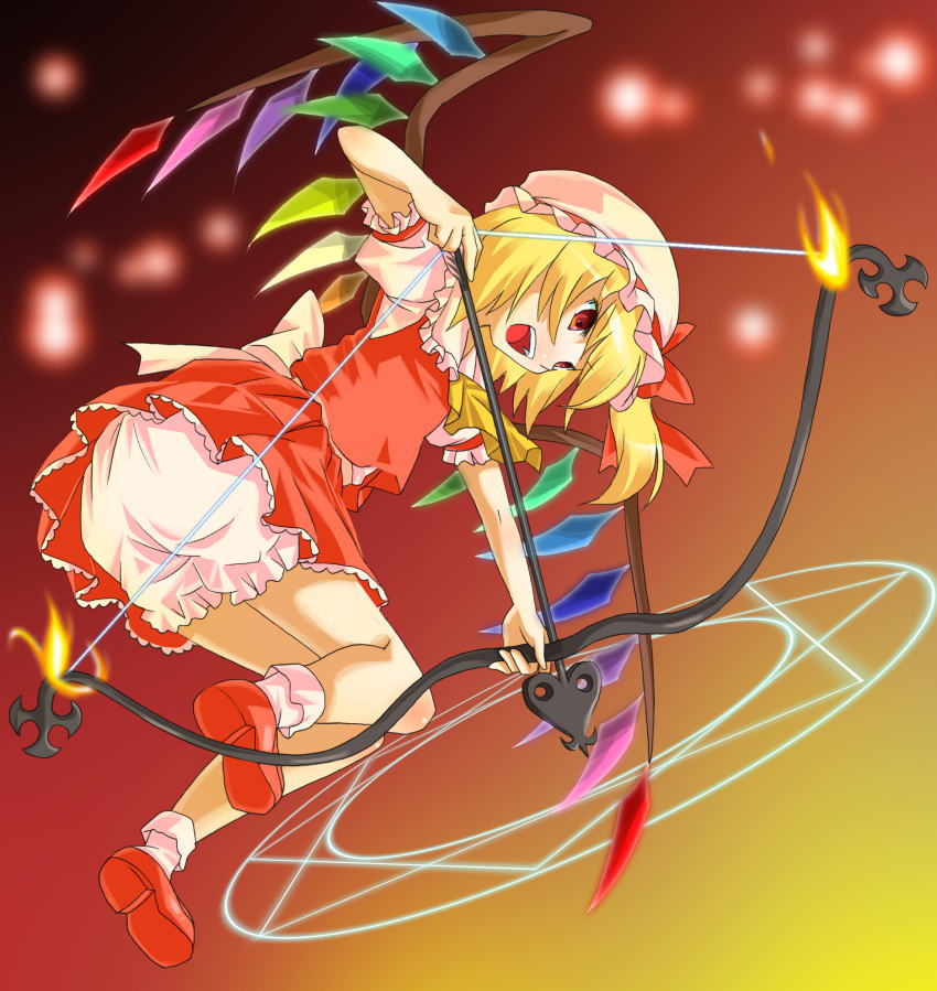 michii yuuki, flandre scarlet, touhou, 1girl, bloomers, bow (weapon), female focus, hat, magic circle, mob cap, octagram, red shoes, shoes, solo, underwear, weapon, white bloomers, white hat, wings