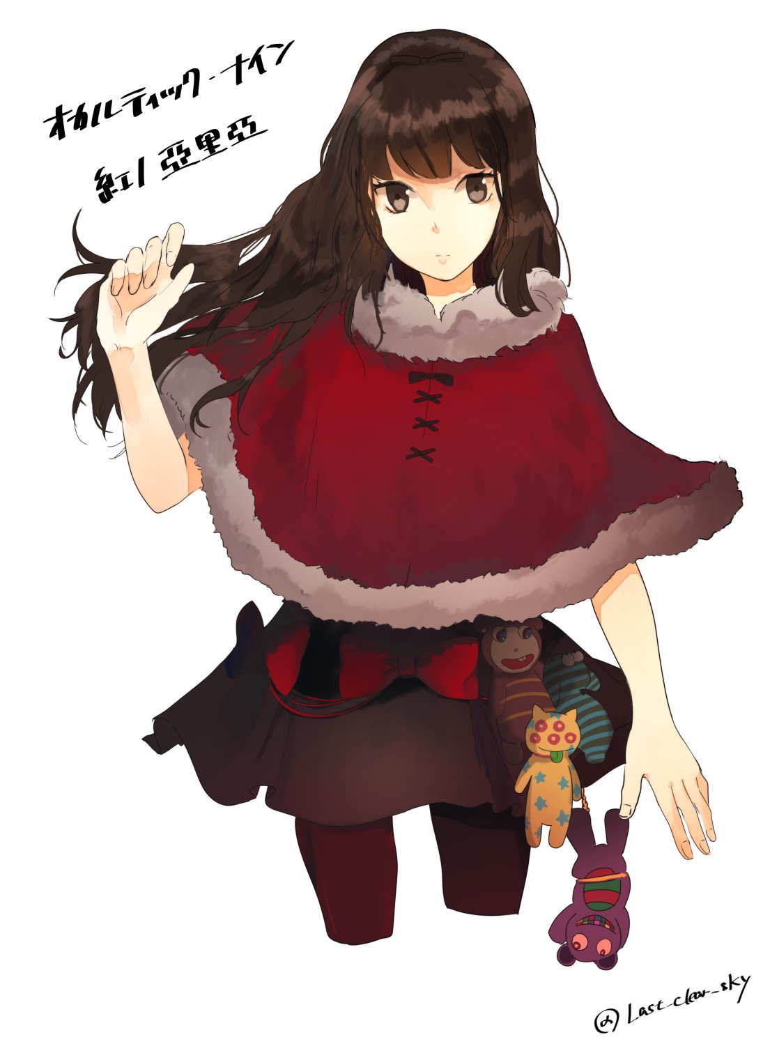 kurenaino aria, occultic;nine, science adventure, highres, 1girl, black hair, blunt bangs, bow, brown eyes, brown hair, capelet, capelet bow, closed mouth, dress, dress bow, full body, fur-trimmed capelet, fur trim, headband, last smalt sky, long hair, looking at viewer, pantyhose, purple headband, red capelet, simple background, solo, white background