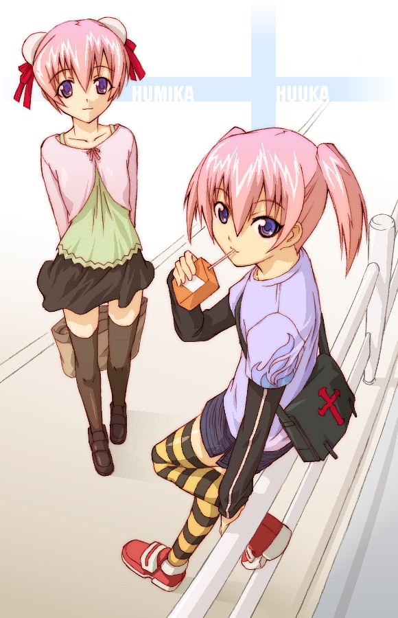 haruka shiya, narutaki fumika, narutaki fuuka, mahou sensei negima!, striped legwear, 00s, artistic error, siblings, sisters, striped clothes, striped thighhighs, thighhighs