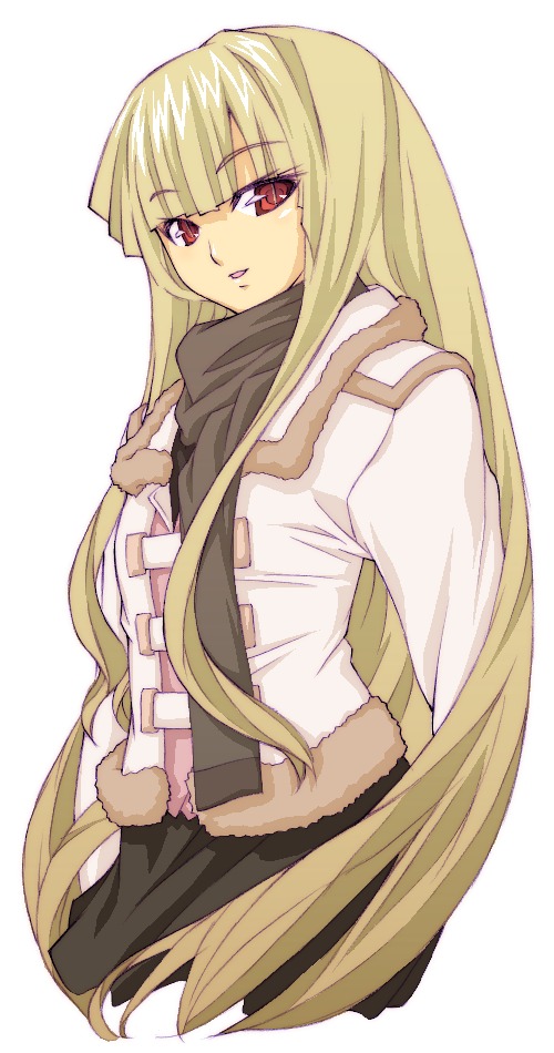 haruka shiya, evangeline a.k. mcdowell, mahou sensei negima!, no legs, 00s, 1girl, alternate costume, black gloves, black scarf, blonde hair, blunt bangs, blush, casual, coat, female focus, fur trim, gloves, long hair, long sleeves, looking at viewer, red eyes, scarf, simple background, solo, straight hair, vampire, very long hair, white background, white coat, winter clothes, winter coat