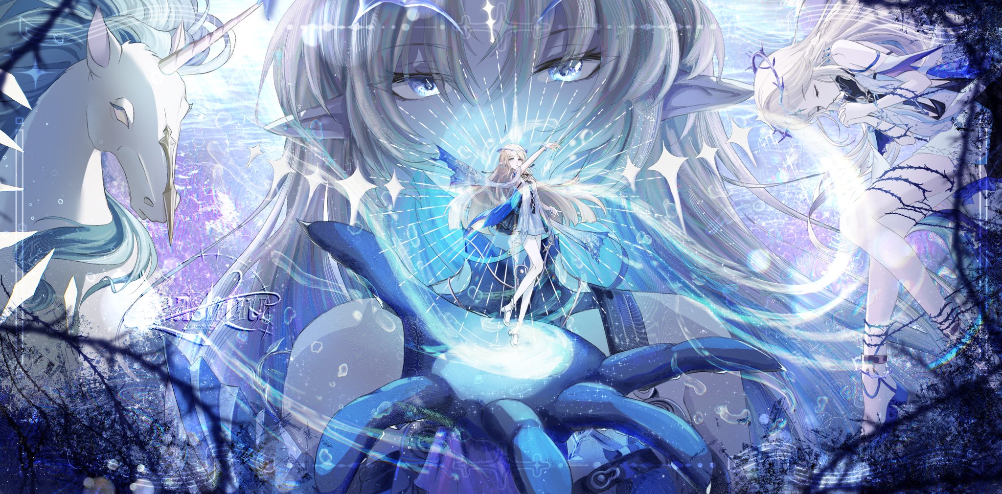 leah (lieus g), cartethyia (wuthering waves), fleurdelys (wuthering waves), imperator (wuthering waves), wuthering waves, commentary, hashtag-only commentary, highres, 2girls, arm up, black dress, blonde hair, blue eyes, closed eyes, crown of thorns, dress, earrings, floating earrings, hand up, jewelry, long hair, looking at viewer, multiple girls, multiple persona, own hands clasped, own hands together, pointy ears, sidelocks, tabard, tacet mark (wuthering waves), unicorn, white tabard