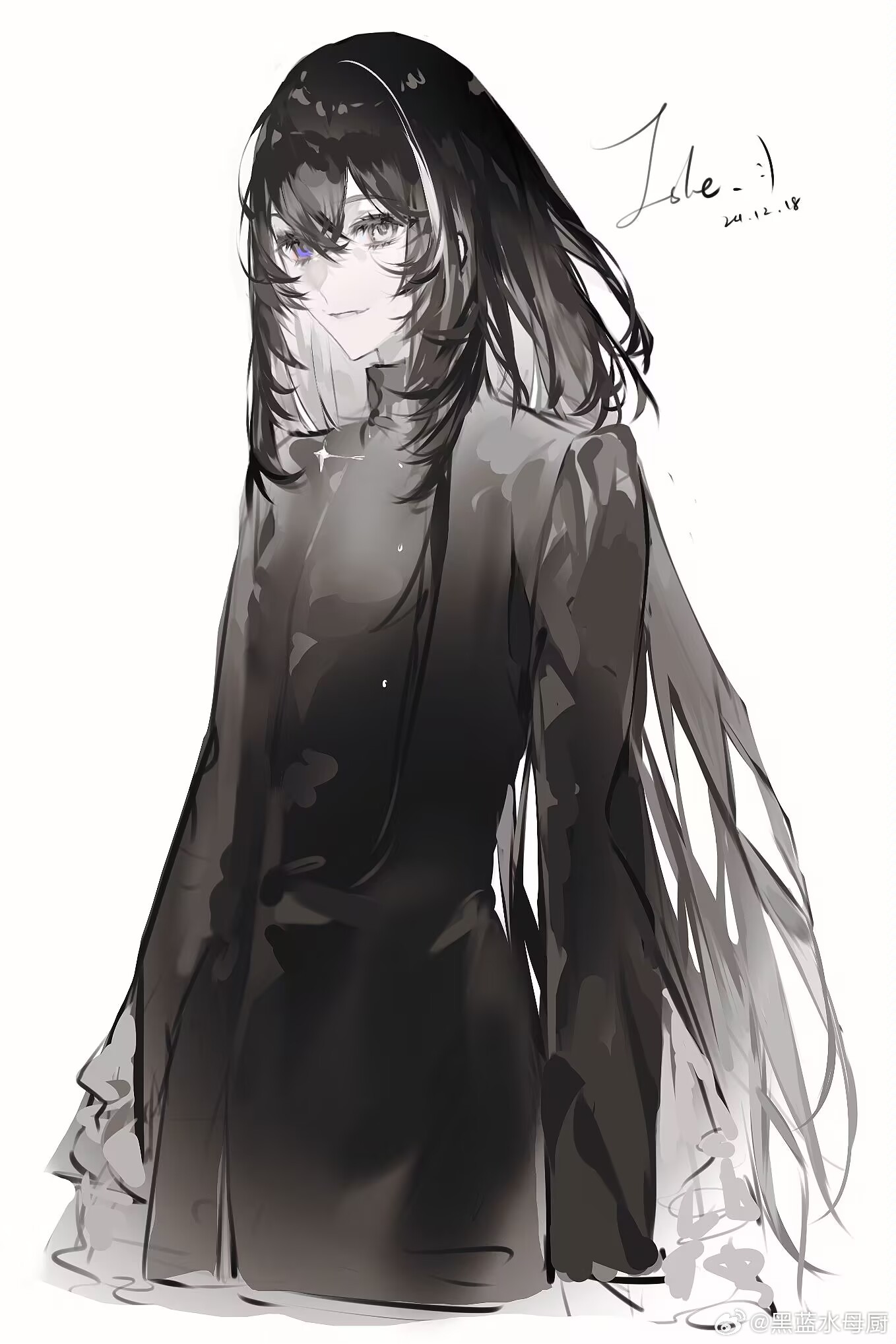 original, highres, 1girl, androgynous, bishounen, black hair, closed mouth, hair between eyes, heilanshuimuchu, long hair, long sleeves, looking at viewer, monochrome, multicolored hair, purple eyes, simple background, sleeves past wrists, smile, upper body, very long hair, white background
