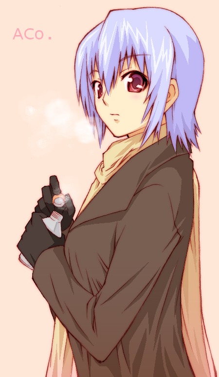 haruka shiya, izumi ako, mahou sensei negima!, beige background, silver hair, 00s, 1girl, black gloves, coat, female focus, from side, gloves, gradient eyes, long sleeves, looking at viewer, looking to the side, multicolored eyes, purple eyes, red eyes, scarf, short hair, simple background, smile, solo, upper body, yellow scarf
