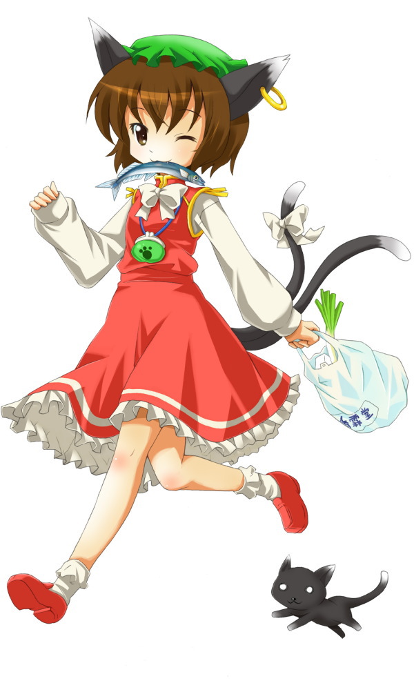 michii yuuki, chen, touhou, 1girl, :3, animal ears, bag, brown eyes, brown hair, cat, cat ears, cat tail, dress, earrings, female focus, fish, full body, groceries, hat, jewelry, mouth hold, multiple tails, one eye closed, ribbon, short hair, simple background, solo, spring onion, tail, tail ornament, tail ribbon, white background, wink