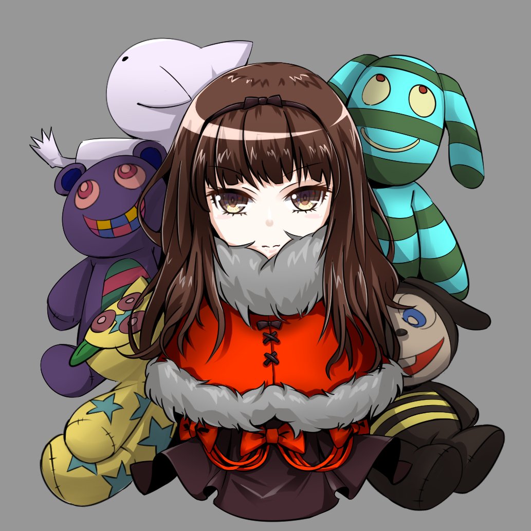 yakku, kurenaino aria, occultic;nine, science adventure, 1girl, animal, blunt bangs, bow, brown hair, capelet, capelet bow, closed mouth, deformed, dress, expressionless, full body, fur-trimmed capelet, fur trim, long hair, looking at viewer, red capelet, sitting, stuffed animal, stuffed toy