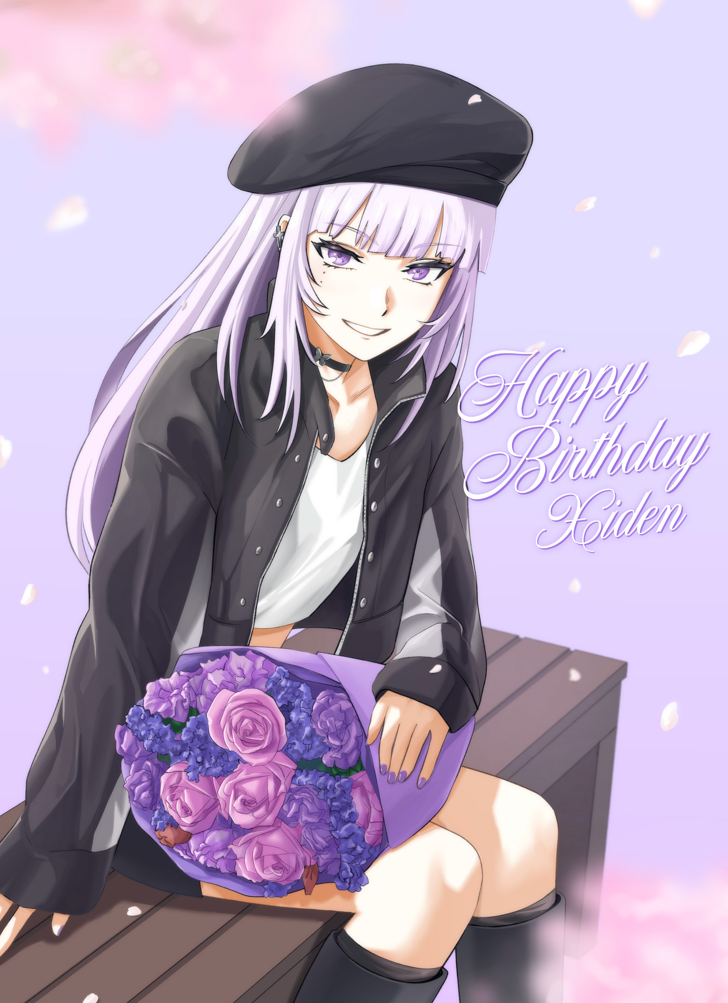 itsumeee3, absurdres, commentary request, highres, 1girl, bench, beret, black boots, black choker, black hat, black jacket, boots, bouquet, character name, choker, collarbone, flower, happy birthday, hat, jacket, knee boots, long hair, long sleeves, looking at viewer, mole, mole under eye, multiple moles, nail polish, open clothes, open jacket, petals, purple background, purple eyes, purple flower, purple hair, purple nails, purple theme, rk music, shirt, sitting, smile, solo, virtual youtuber, white shirt, wispy bangs, xiden