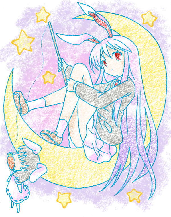 michii yuuki, inaba tewi, reisen udongein inaba, touhou, 2girls, animal ears, carrot, chibi, female focus, full body, legs, multiple girls, outdoors, rabbit ears, sitting, sky