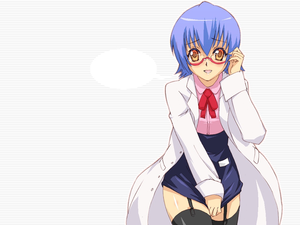 haruka shiya, izumi ako, mahou sensei negima!, 00s, blue hair, garter belt, glasses, lab coat, solo, thighhighs, yellow eyes, zettai ryouiki