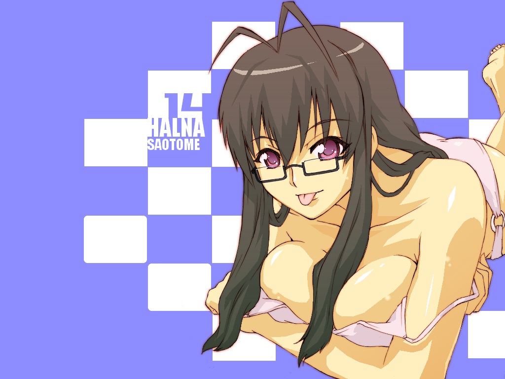 haruka shiya, saotome haruna, mahou sensei negima!, 00s, antenna hair, bare shoulders, bikini, brown hair, glasses, lying, pink eyes, solo, swimsuit, tongue