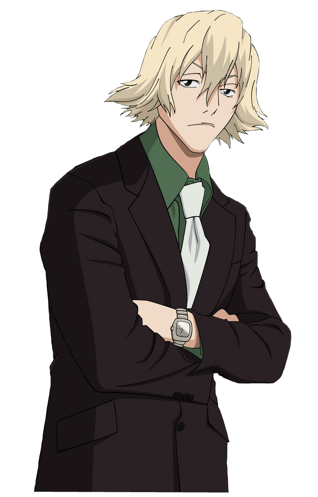 urahara kisuke, bleach, 00s, 1boy, black eyes, blonde hair, crossed arms, formal clothes, male focus, necktie, solo, suit, transparent background, watch, wristwatch