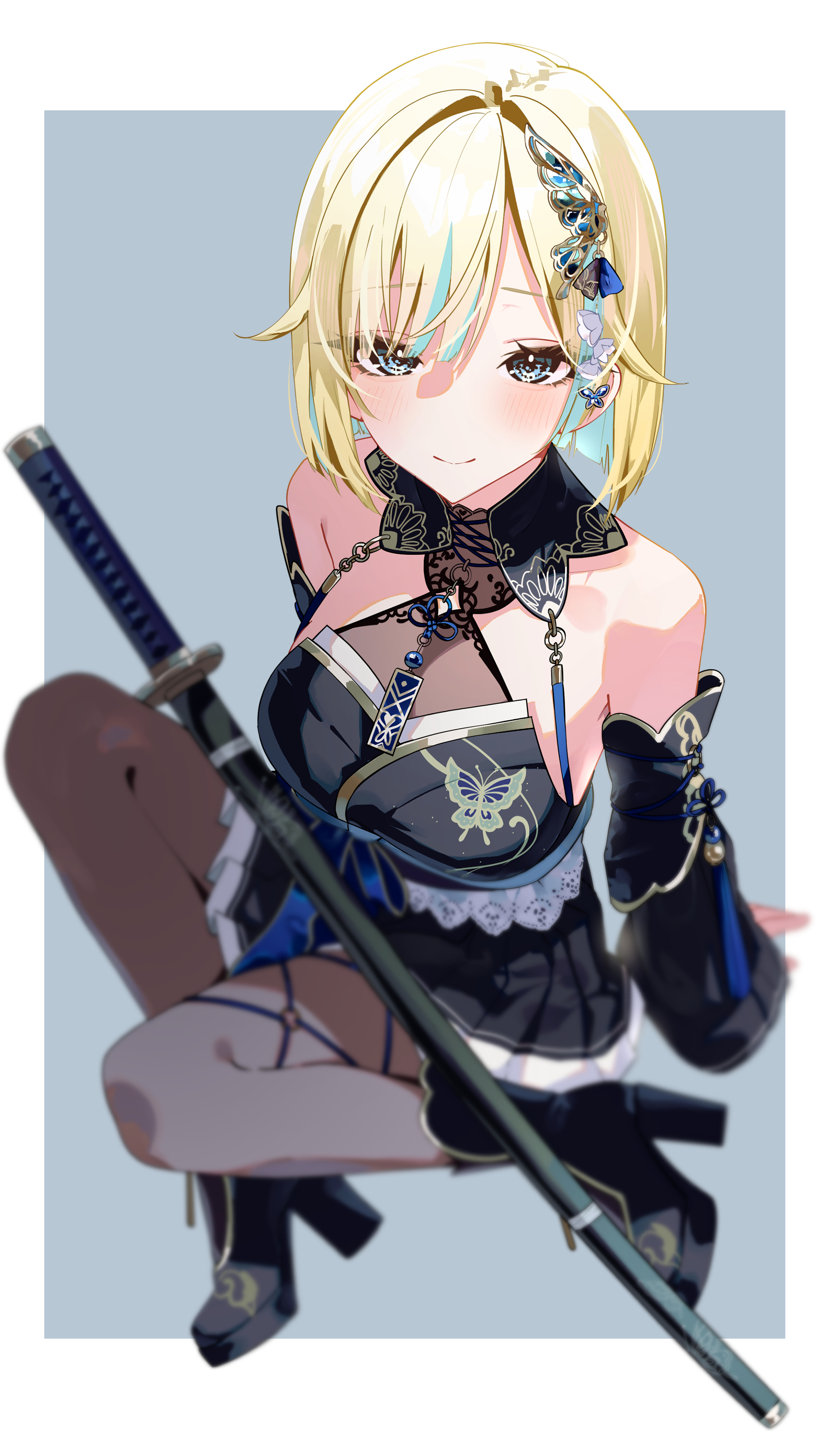 amopui, aizawa ema, aizawa ema (5th costume), vspo!, absurdres, highres, 1girl, agemaki knot, animal print, aqua hair, aqua streaks, backless kimono, bare shoulders, black pantyhose, blonde hair, blue butterfly, blue dress, blue eyes, breasts, bug, butterfly, butterfly hair ornament, butterfly print, chokutou, colored inner hair, detached sleeves, dress, furisode sleeves, hair flaps, hair ornament, halter dress, halterneck, insect, japanese clothes, katana, kimono, kimono dress, large breasts, light blush, light smile, long sleeves, looking at viewer, miniskirt, multicolored hair, o-ring, o-ring thigh strap, pantyhose, pleated skirt, pleated sleeves, see-through cleavage, see-through clothes, short hair, simple background, sitting, skirt, sleeveless, sleeveless dress, sleeveless kimono, solo, streaked hair, sword, tassel, thigh strap, virtual youtuber, weapon