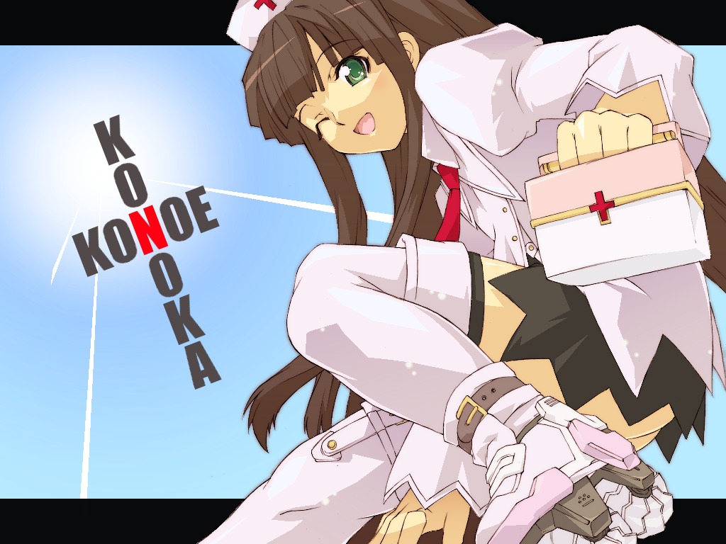 haruka shiya, konoe konoka, mahou sensei negima!, 00s, 1girl, brown hair, female focus, green eyes, inline skates, necktie, nurse, one eye closed, roller skates, skates, solo, thighhighs, wink