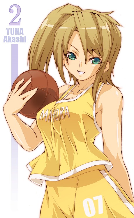haruka shiya, akashi yuuna, mahou sensei negima!, 00s, ball, basketball, basketball (object), brown hair, green eyes, side ponytail, smile, solo