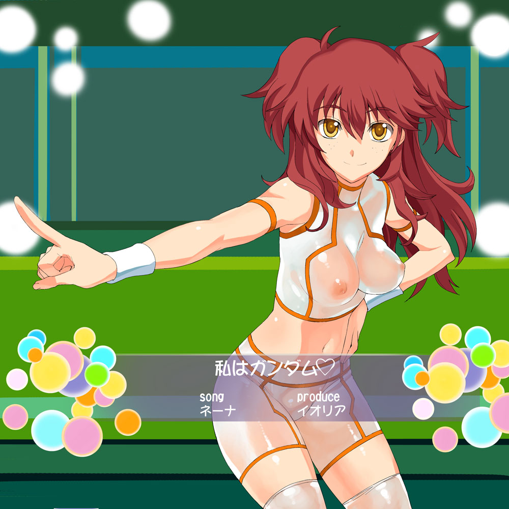 a1 (initial-g), nena trinity, gundam, gundam 00, idolmaster, idolmaster (classic), idolmaster 1, translated, 1girl, breasts, covered erect nipples, female focus, freckles, midriff, navel, nipples, parody, red hair, see-through clothes, solo, thighhighs, two side up, yellow eyes, zettai ryouiki