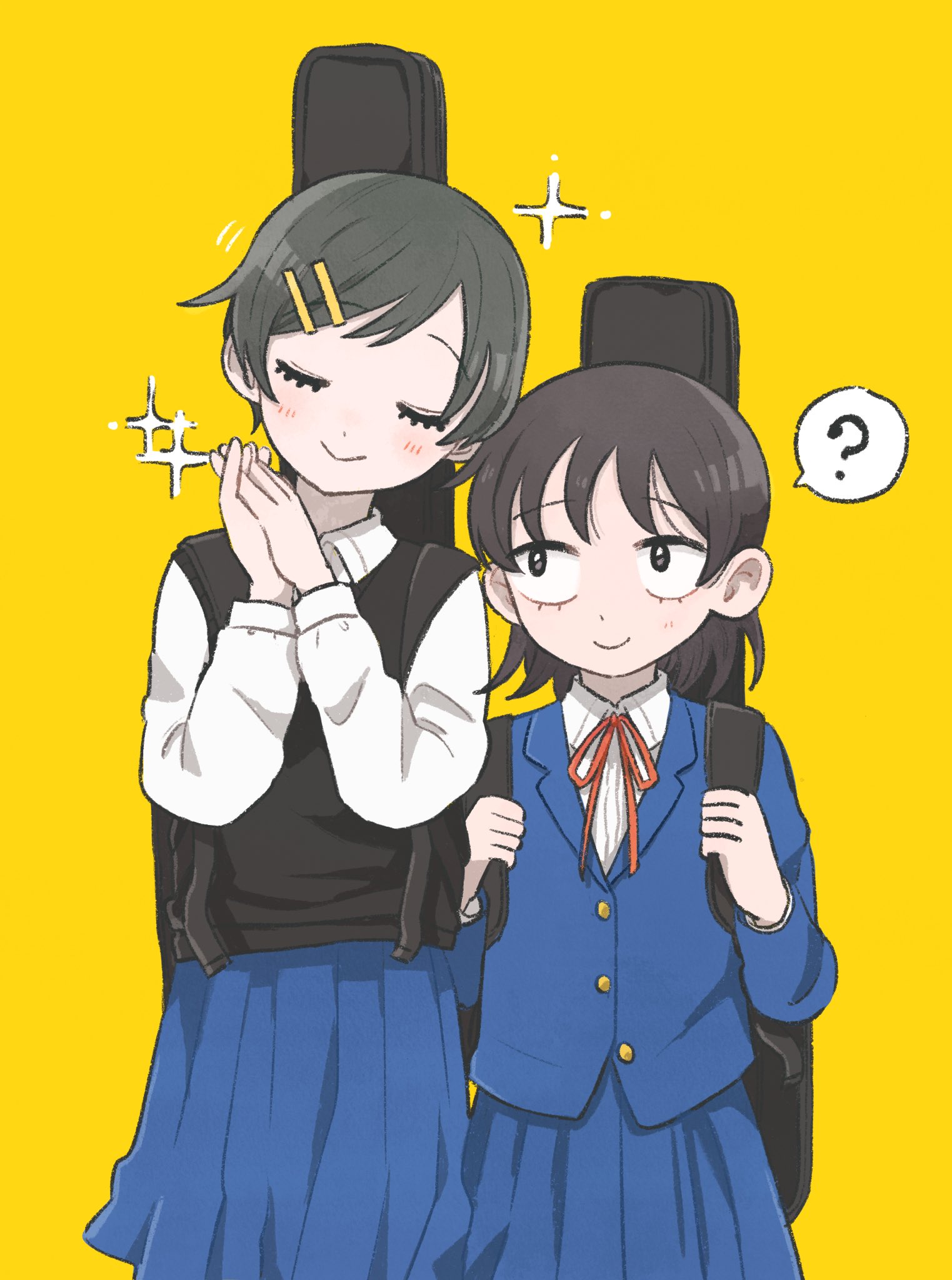 kon o o, hatono chihiro, kouyama rin, futsuu no keion-bu, highres, 2girls, ?, blue skirt, closed eyes, guitar case, height difference, holding strap, instrument case, instrument case on back, looking at another, multiple girls, own hands clasped, own hands together, pleated skirt, school uniform, short hair, simple background, skirt, sparkle, spoken question mark, standing, u u, yellow background