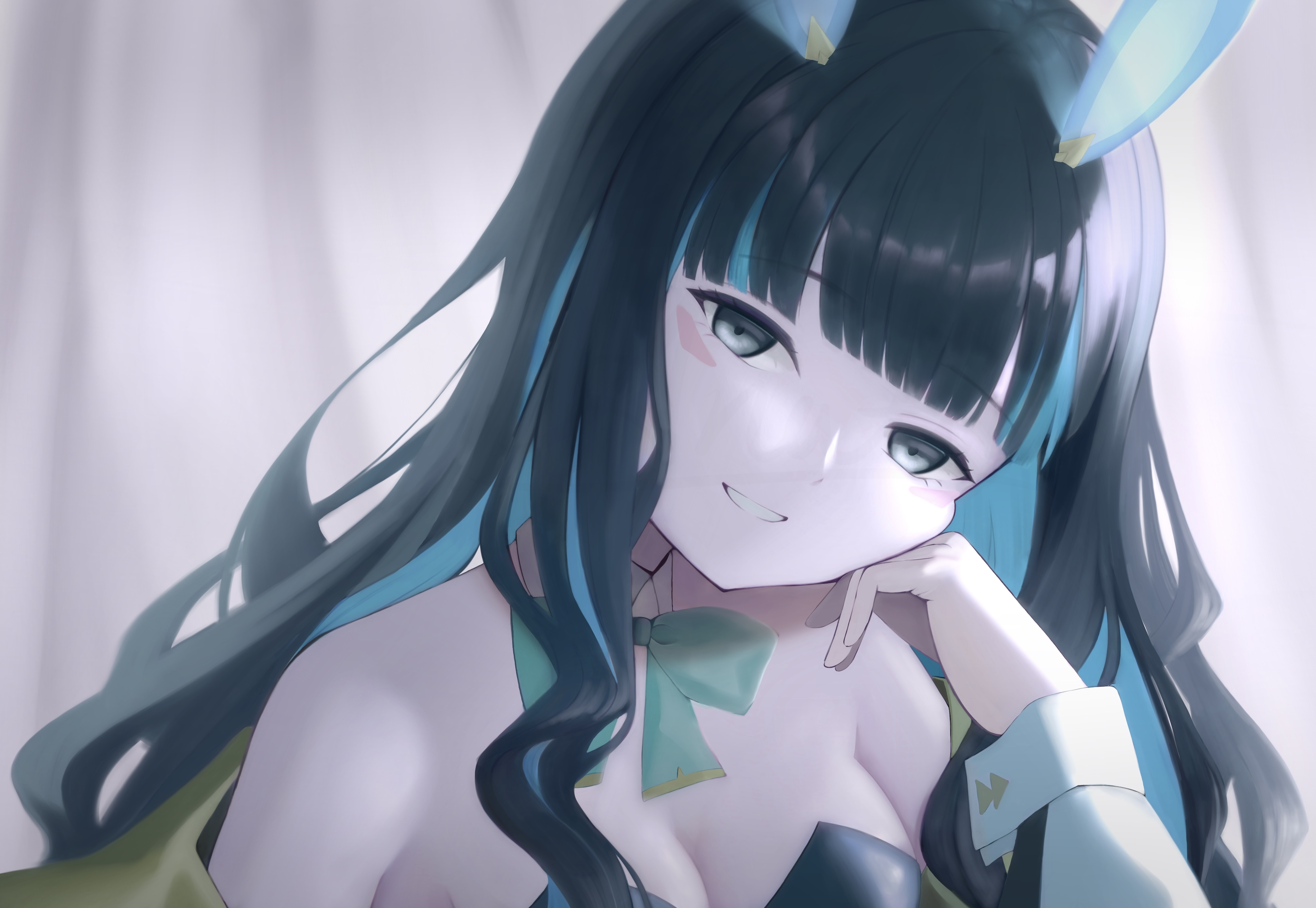 anata6350, tenochtitlan (fate), tenochtitlan (swimsuit mooncancer) (third ascension) (fate), fate/grand order, fate (series), tenochtitlan (swimsuit mooncancer) (fate), absurdres, highres, 1girl, animal ears, bare shoulders, black leotard, breasts, cleavage, detached collar, eyeliner, fake animal ears, grin, leotard, long hair, looking at viewer, makeup, medium breasts, playboy bunny, rabbit ears, smile, solo