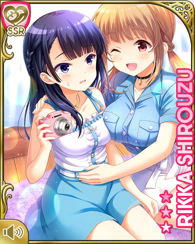 qp:flapper, sakaida natsumi, shirouzu rikka, girlfriend (kari), official art, tagme, 2girls, :d, bare legs, bare shoulders, barefoot, bedroom, black hair, blue shirt, blue skirt, blush, braid, breasts, card (medium), character name, collarbone, indoors, long hair, medium hair, multiple girls, open mouth, purple eyes, shirt, sitting, skirt, small breasts, smile, uneven bangs, white shirt, white skirt