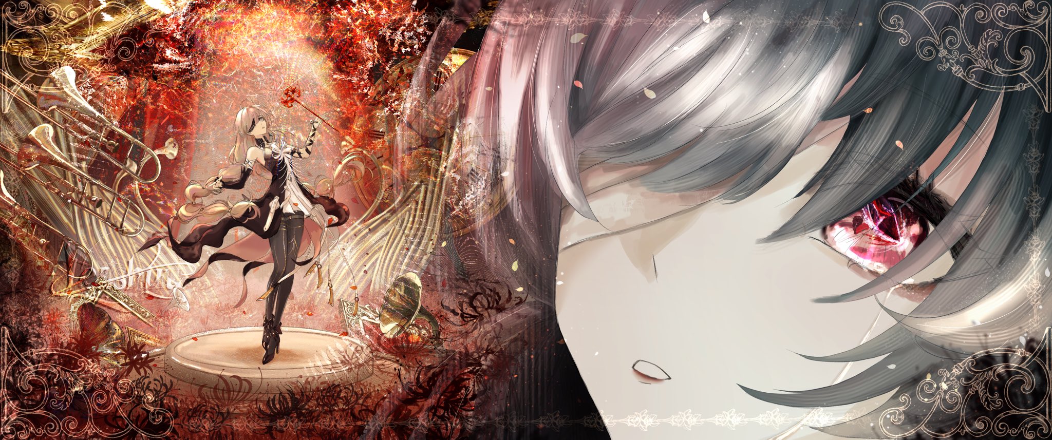 leah (lieus g), phrolova (wuthering waves), wuthering waves, commentary, hashtag-only commentary, highres, 1girl, bandage over one eye, black dress, black pantyhose, crying, crying with eyes open, detached sleeves, dress, flower, grey hair, holding, holding flower, long hair, looking at viewer, official alternate costume, pantyhose, parted lips, single detached sleeve, solo, spider lily, tears