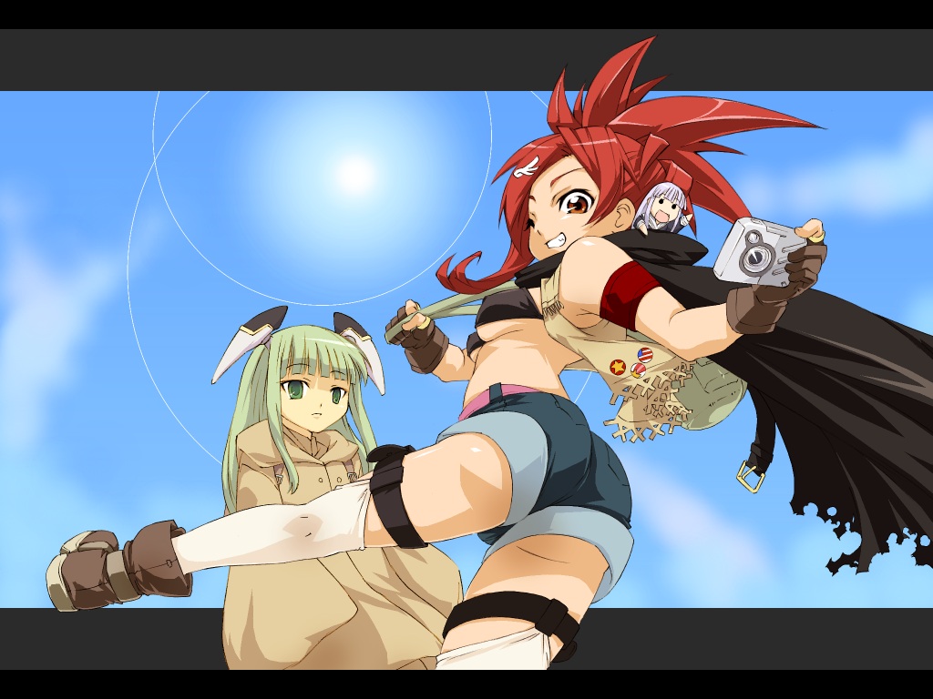 haruka shiya, aisaka sayo, asakura kazumi, karakuri chachamaru, mahou sensei negima!, 00s, 3girls, boots, breasts, camera, cape, chibi, denim, denim shorts, doll, green eyes, hair ornament, hairclip, looking back, multiple girls, red hair, robot ears, shorts, sun, thighhighs, underboob