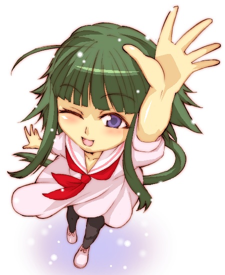 haruka shiya, nagase kaede, mahou sensei negima!, eyebrows, 00s, 1girl, aged down, ahoge, arm up, black pantyhose, dress, female focus, foreshortening, from above, full body, green hair, long hair, looking at viewer, looking up, one eye closed, pantyhose, purple eyes, sailor collar, sailor dress, school uniform, serafuku, sidelocks, simple background, smile, solo, standing, very long hair, white background, white dress, wink