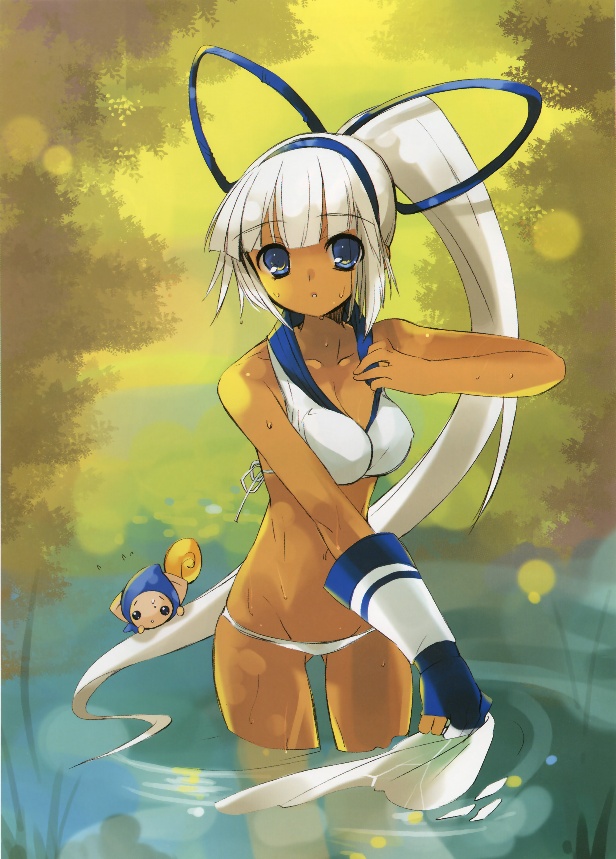 ito noizi, champuru, majikina mina, samurai spirits, snk, absurdres, highres, source request, 1girl, bikini, blue eyes, dark-skinned female, dark skin, female focus, gloves, long hair, lowleg, lowleg bikini, ponytail, solo, swimsuit, very long hair, wading, water, wet, white bikini, white hair