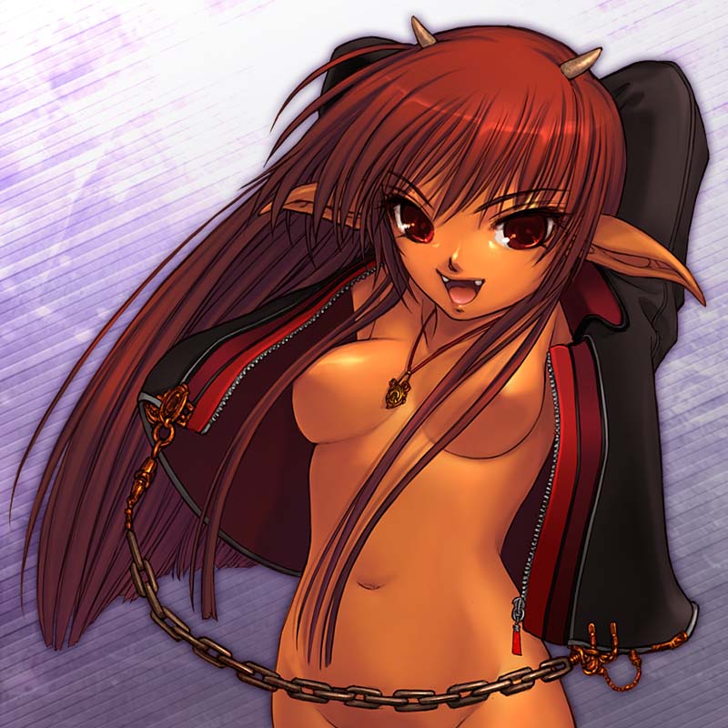 breasts, chain, demon, fangs, hip focus, horns, jacket, midriff, red eyes, red hair